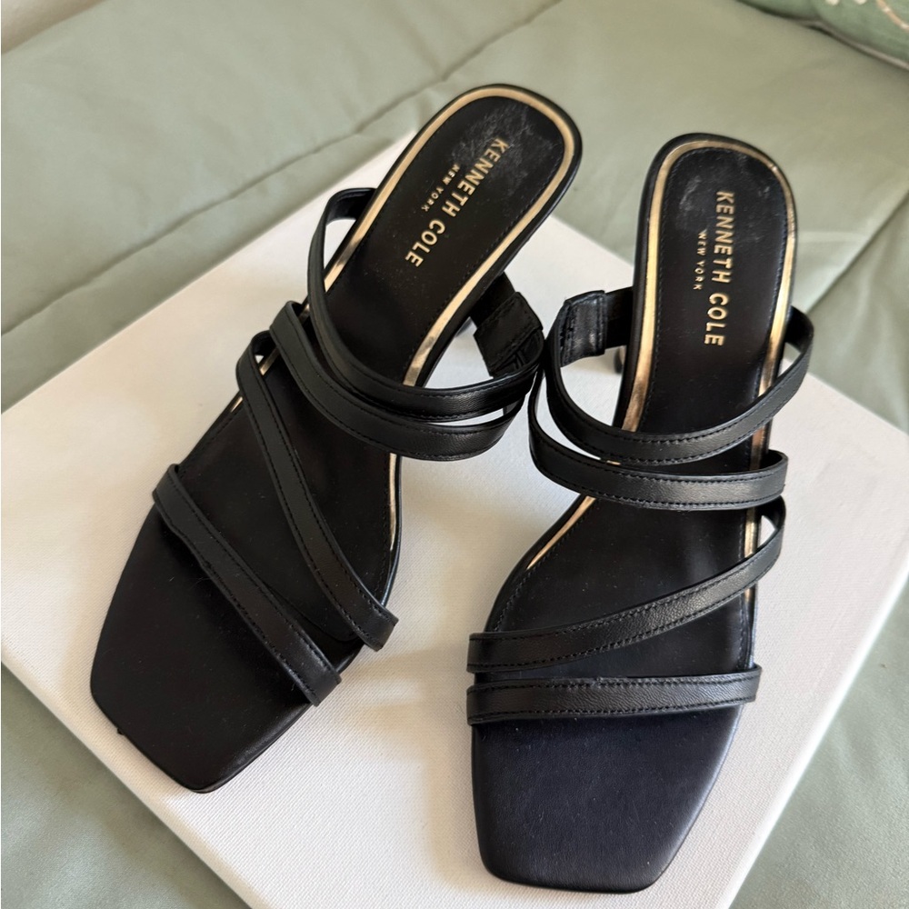 Kenneth Cole Black Multi-Strap Square-Toe Slide Mules